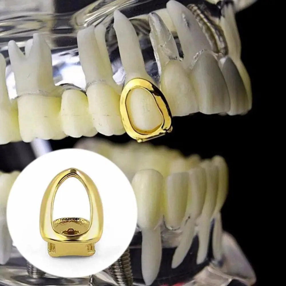 2Pcs Top Bottom Dental Metal Top Bottom Dental Hip Hop Rapper Tooth Jewelry Hollow Out Single Shackle Teeth