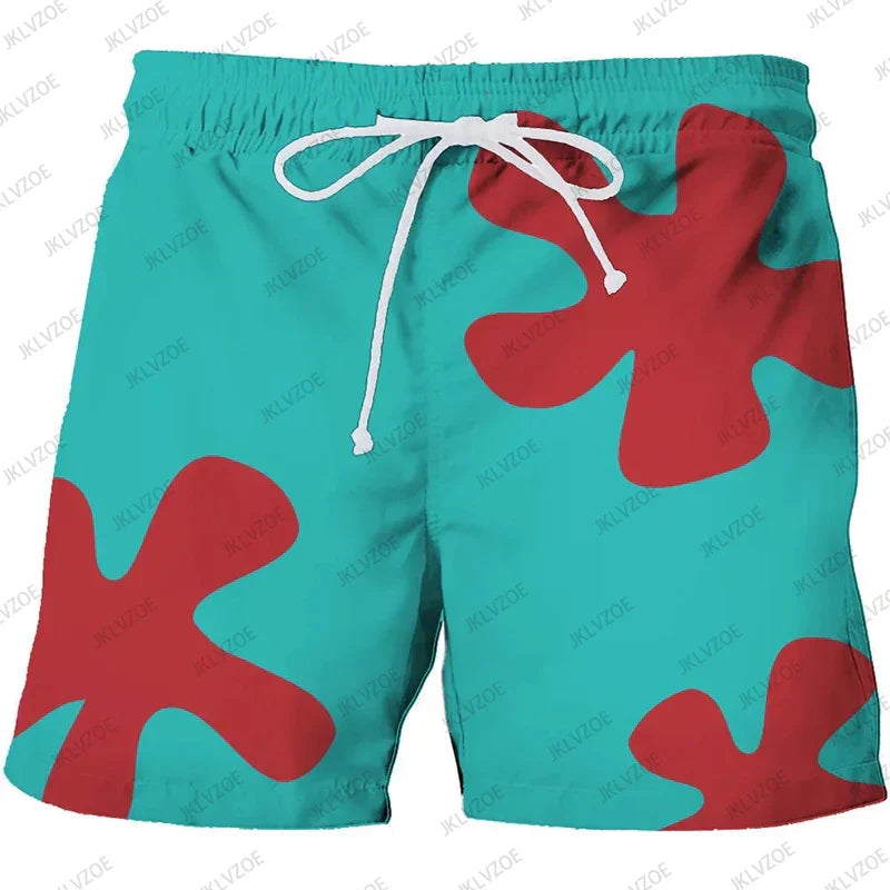 Teal and red abstract splash patrick star board trunks quick dry swim shorts with white drawstring for men hip hop style