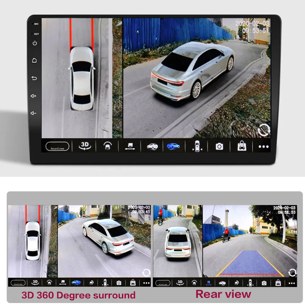 Black 3d surround car navigation system with touchscreen showing panoramic surround view for android auto radio