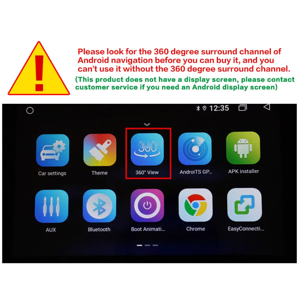 Android car infotainment screen showing app icons with highlighted 360 degree camera panoramic feature for android auto radio