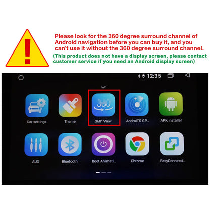 Android car infotainment screen showing app icons with highlighted 360 degree camera panoramic feature for android auto radio