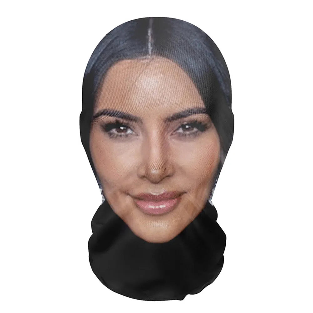 Black face mask with printed puff daddy portrait featuring detailed makeup, elastic mesh cosplay headwear hiphop fashion balaclava hood