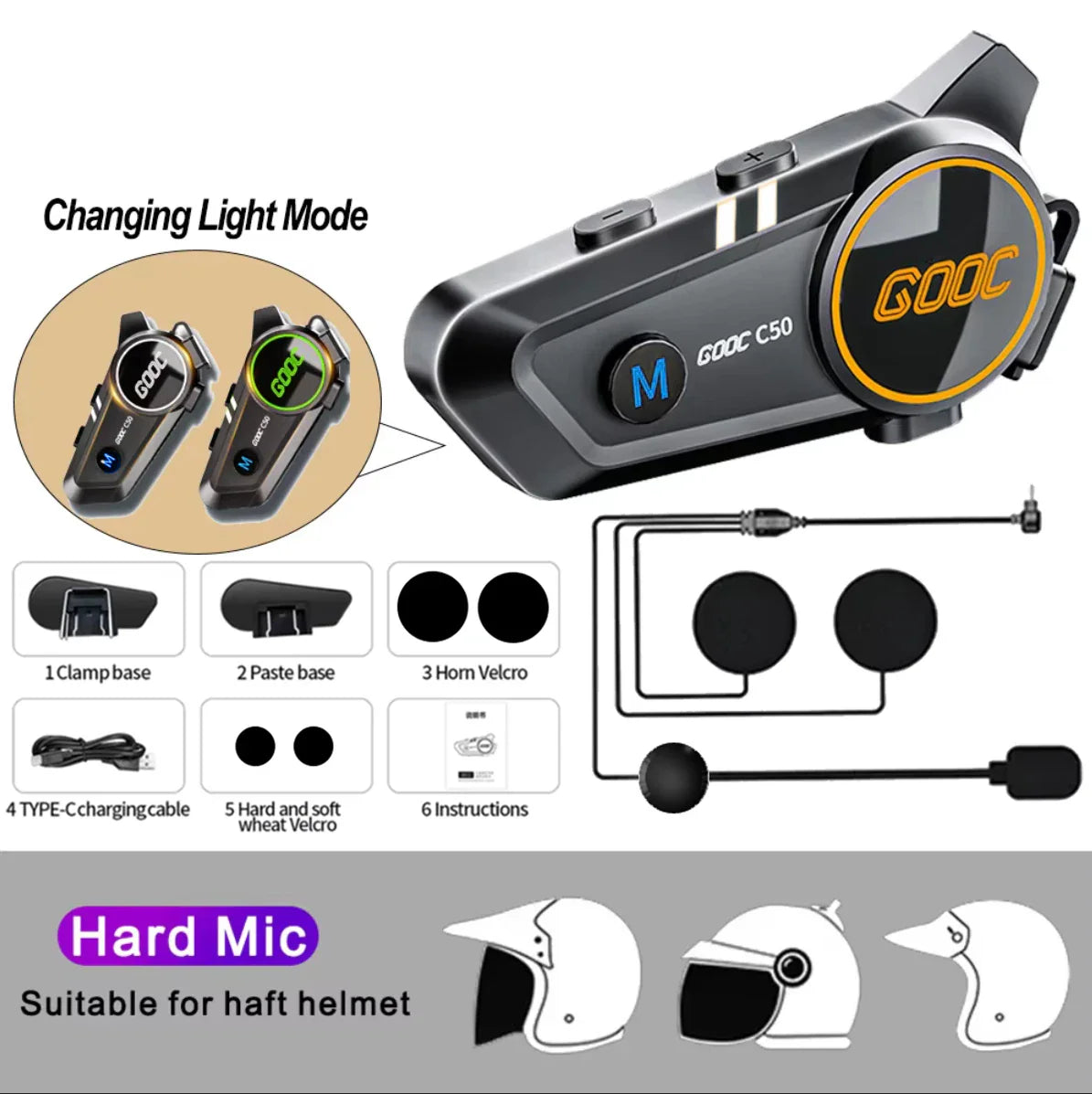 Black and yellow gooc c50 bass motorcycle helmet headset stereo bluetooth with hard mic for half helmets and tri-color light