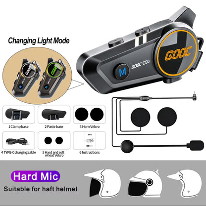 Black and yellow gooc c50 bass motorcycle helmet headset stereo bluetooth with hard mic for half helmets and tri-color light