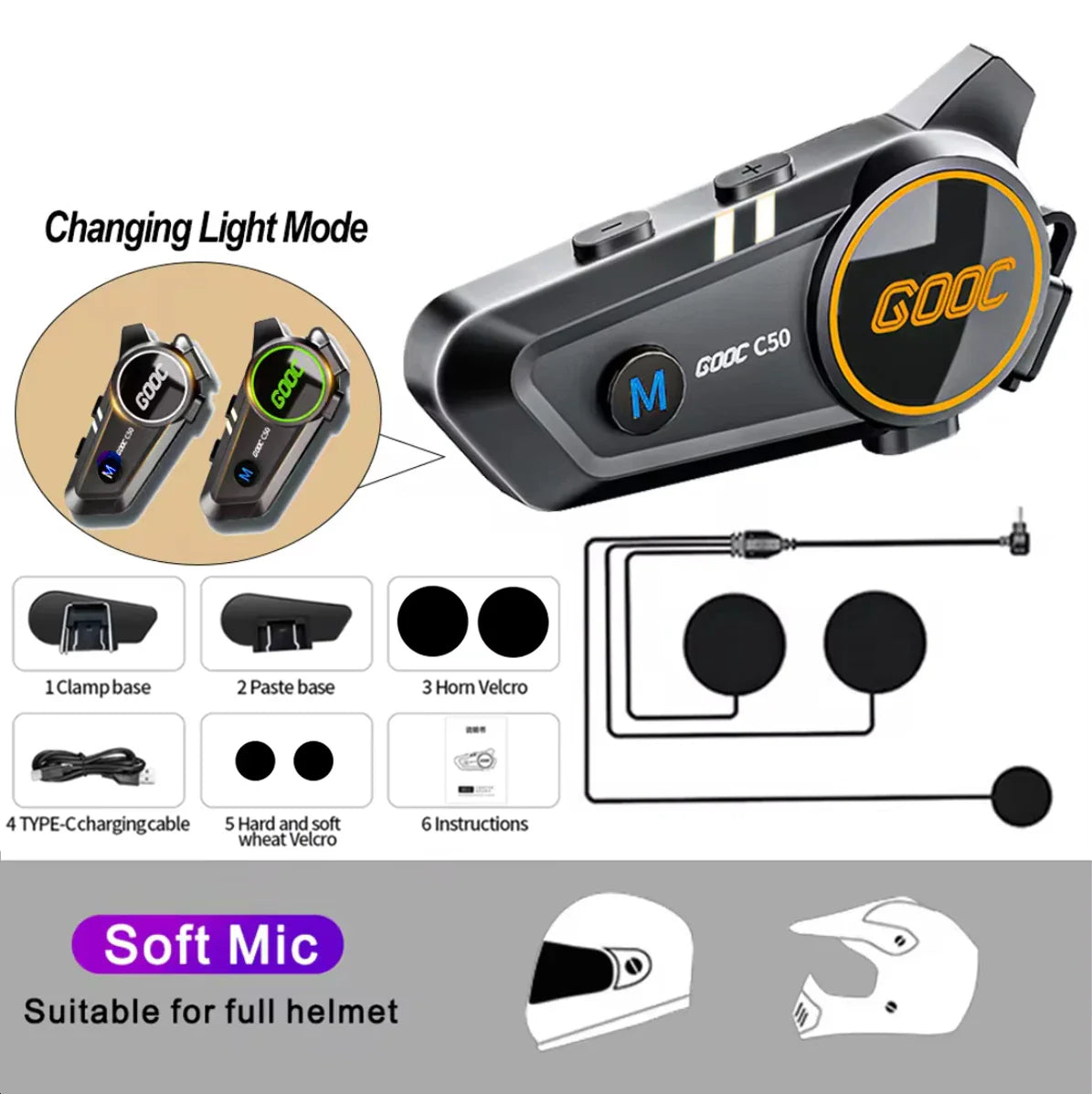 Black and yellow gooc c50 bass motorcycle helmet headset stereo bluetooth with soft mic for full helmets and tri-color light