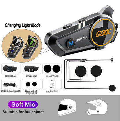 Black and yellow gooc c50 bass motorcycle helmet headset stereo bluetooth with soft mic for full helmets and tri-color light