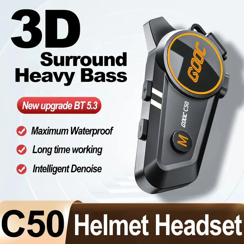 Black and orange gooc c50 bass motorcycle helmet headset with circular display and tri-color ambient light design