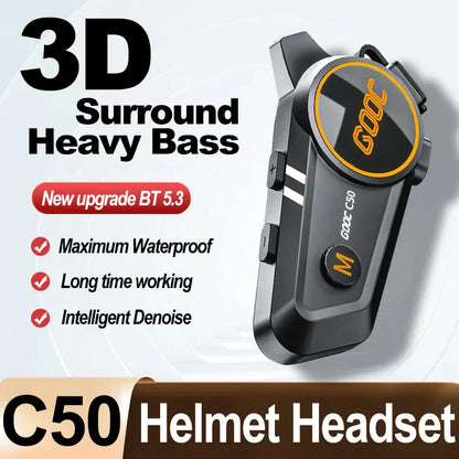 Black and orange gooc c50 bass motorcycle helmet headset with circular display and tri-color ambient light design