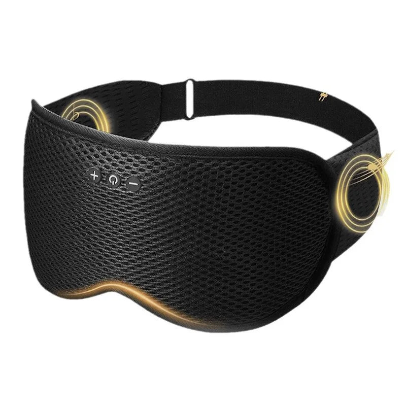 Black mesh wireless sleeping headphones blindfold with gold accent lighting and adjustable control buttons for comfort