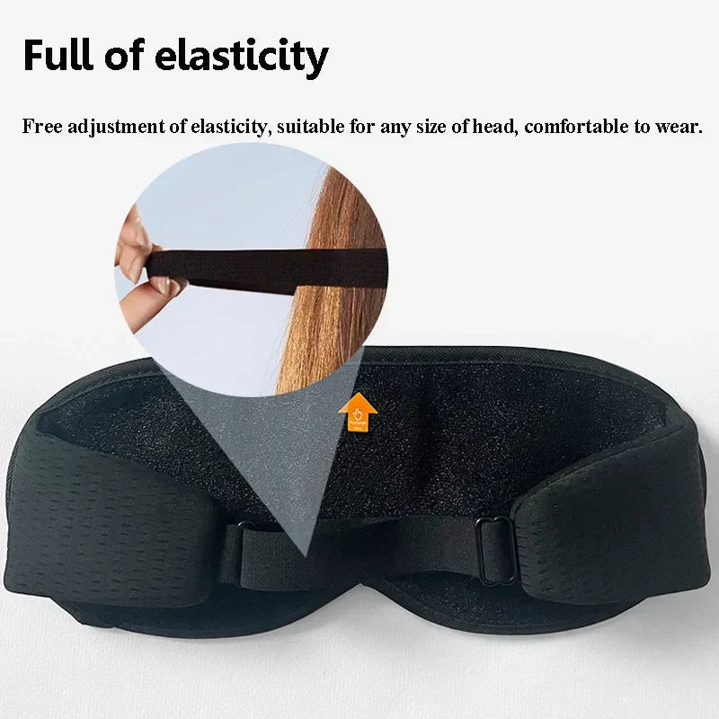 Black elastic wireless sleeping headphones blindfold with padded breathable mesh interior and adjustable earphones strap
