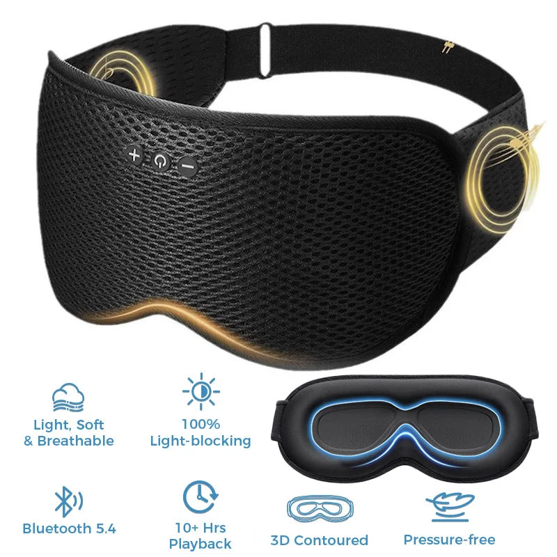 Black mesh-textured wireless sleeping headphones blindfold with gold circle accents and adjustable control buttons on side