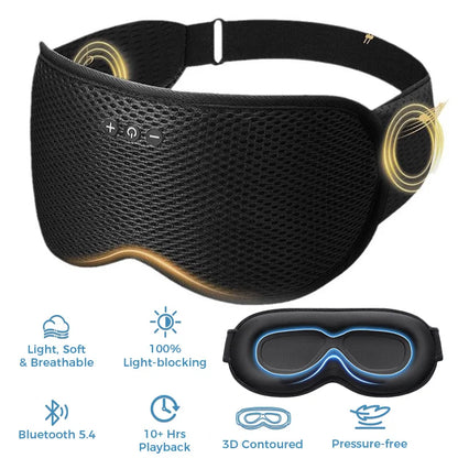 Black mesh-textured wireless sleeping headphones blindfold with gold circle accents and adjustable control buttons on side