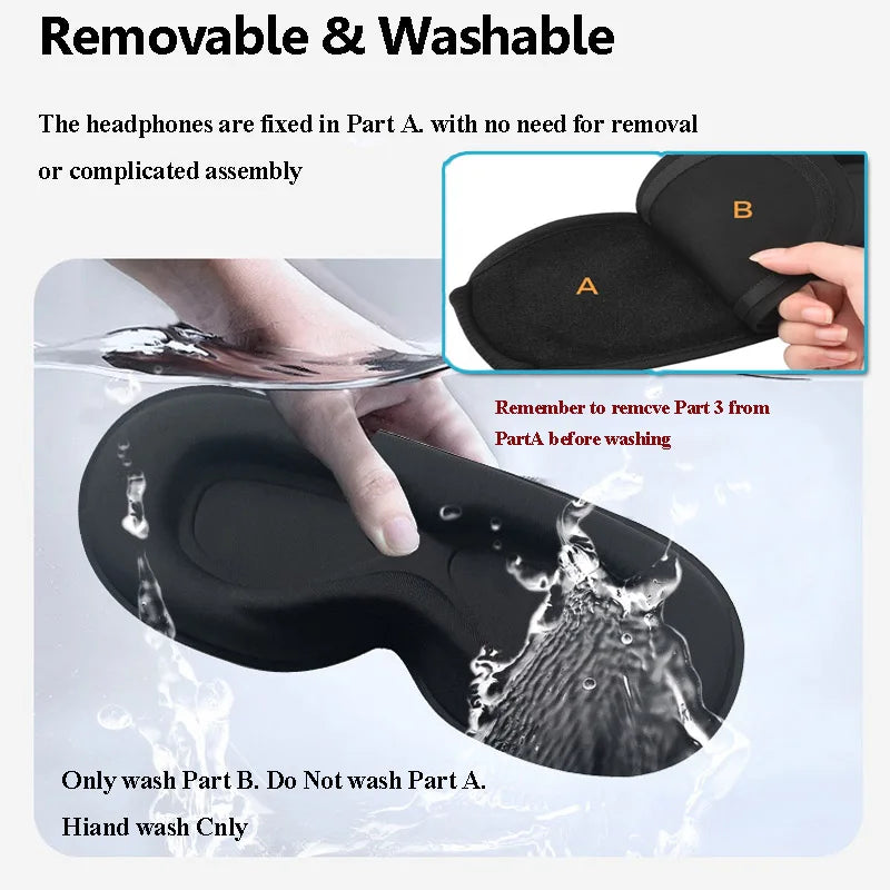 Black removable and washable sleep mask with soft fabric padding featuring wireless sleeping headphones and adjustable earphones