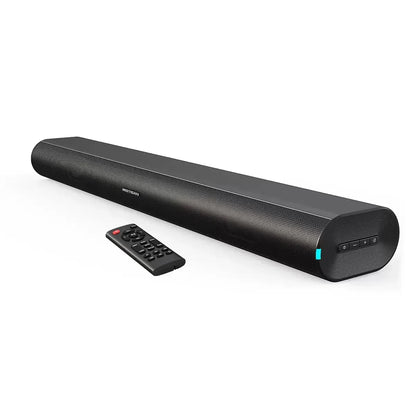Black rectangular theate soundbar 60w with textured surface and subtle blue led indicator support optical usb subwoofer