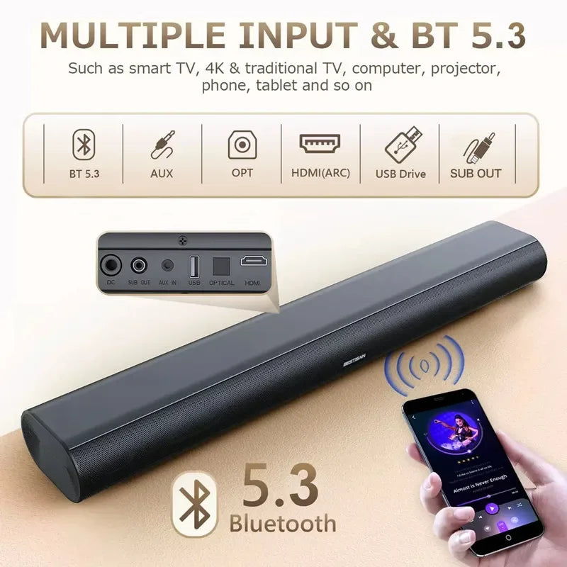 Black rectangular theate soundbar 60w with bluetooth 5.3 support optical usb computer speaker subwoofer ports