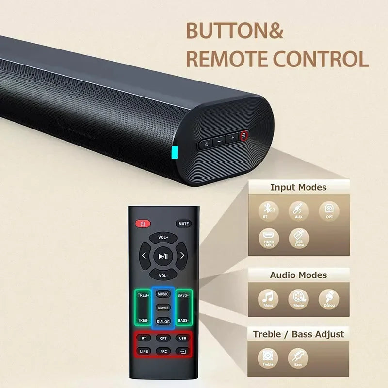 Black rectangular 3d wireless theate soundbar 60w with textured surface control buttons and matching remote support optical usb