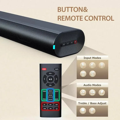 Black rectangular 3d wireless theate soundbar 60w with textured surface control buttons and matching remote support optical usb