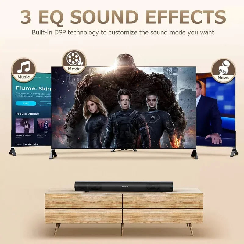 Black theate soundbar 60w with sleek design on wooden console supports optical usb and computer speaker subwoofer functions
