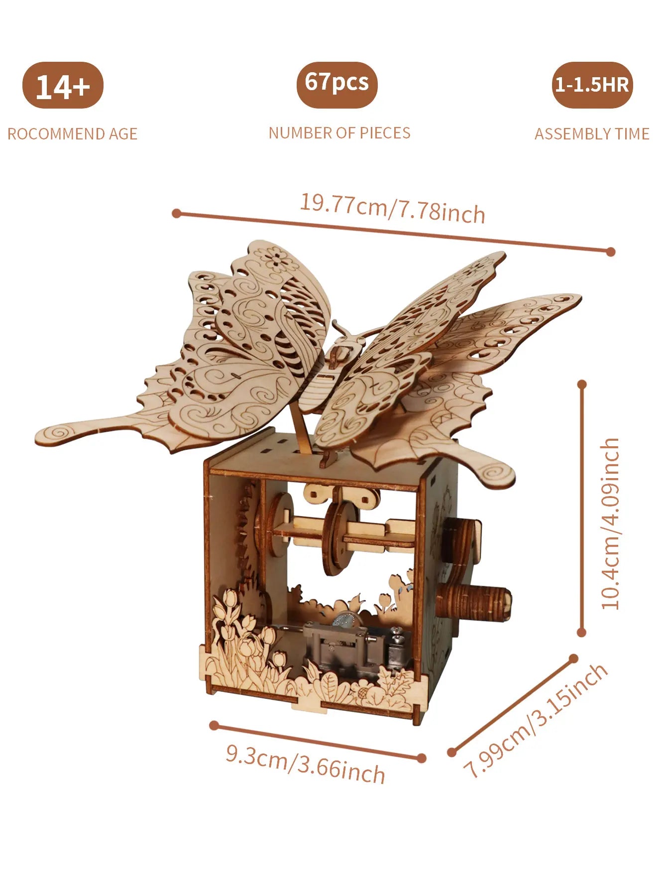 A 3d wooden puzzle hand butterfly music box with detailed cut-out wings and visible sunshine handmade assembly mechanism