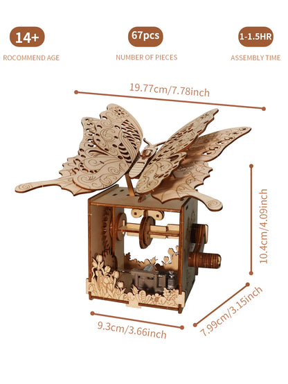 A 3d wooden puzzle hand butterfly music box with detailed cut-out wings and visible sunshine handmade assembly mechanism