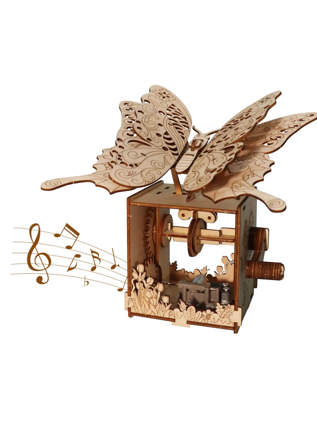 Intricately carved natural wood puzzle hand butterfly music box with filigree wings and visible gears handmade assembly model kit