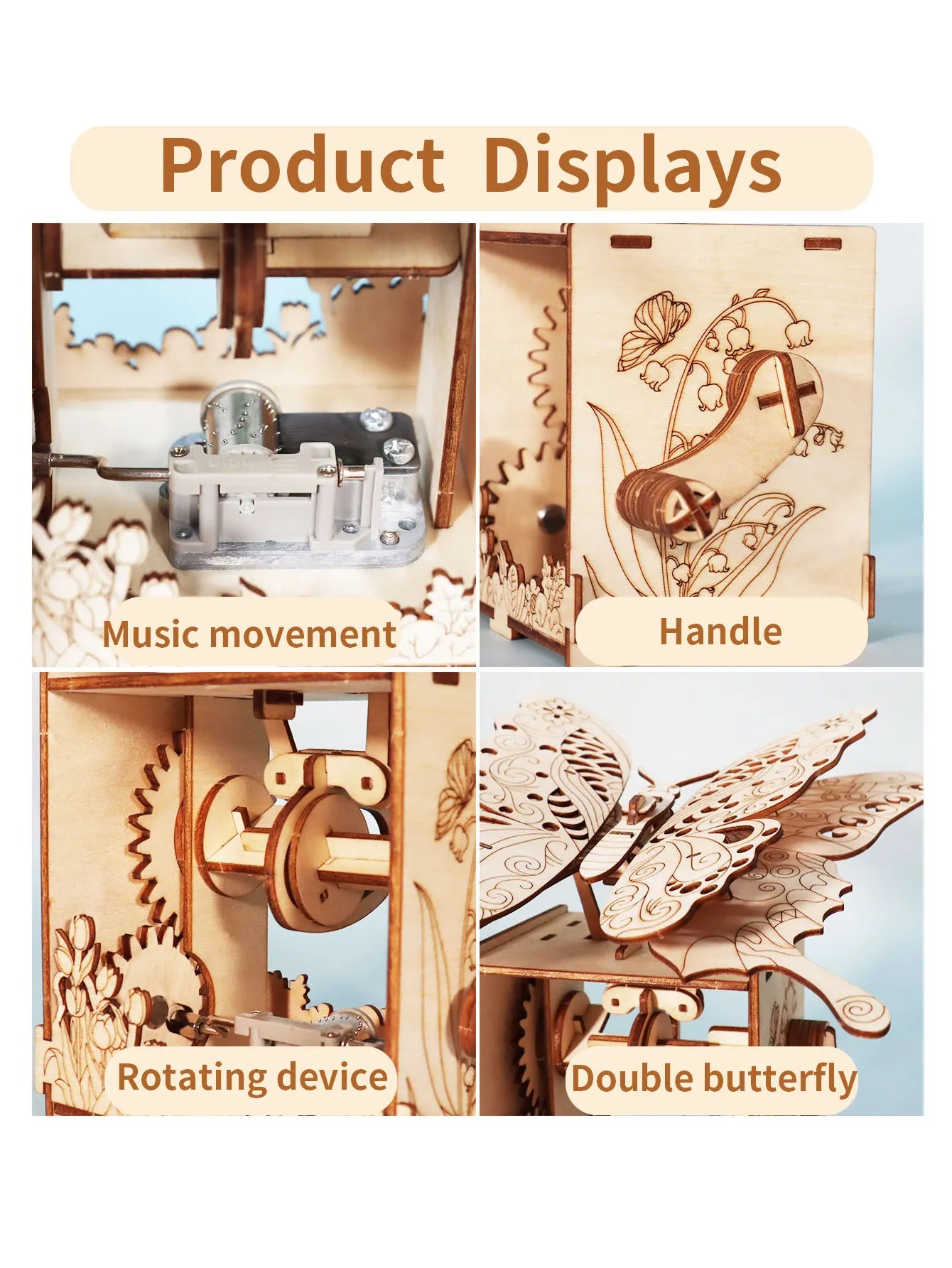 Intricately crafted wooden puzzle hand butterfly music box with mechanical gears sunshine handmade assembly gift model kit