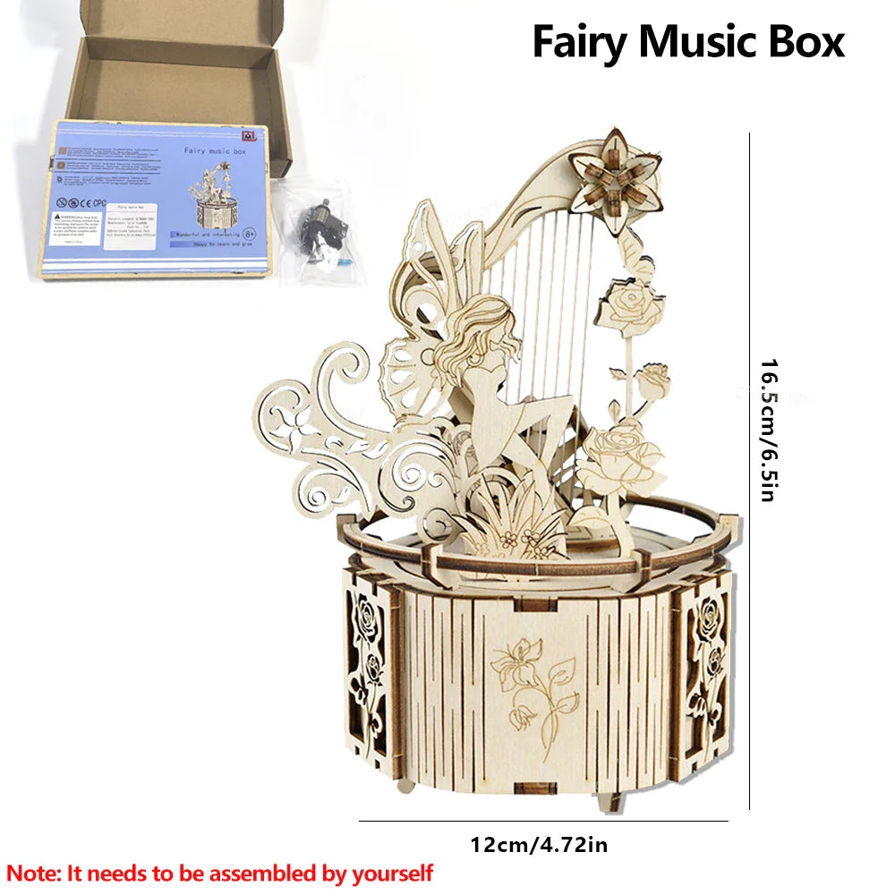 A delicate light-colored wooden puzzle moon music box with a harp figure and floral design kits rotating craft decor educational