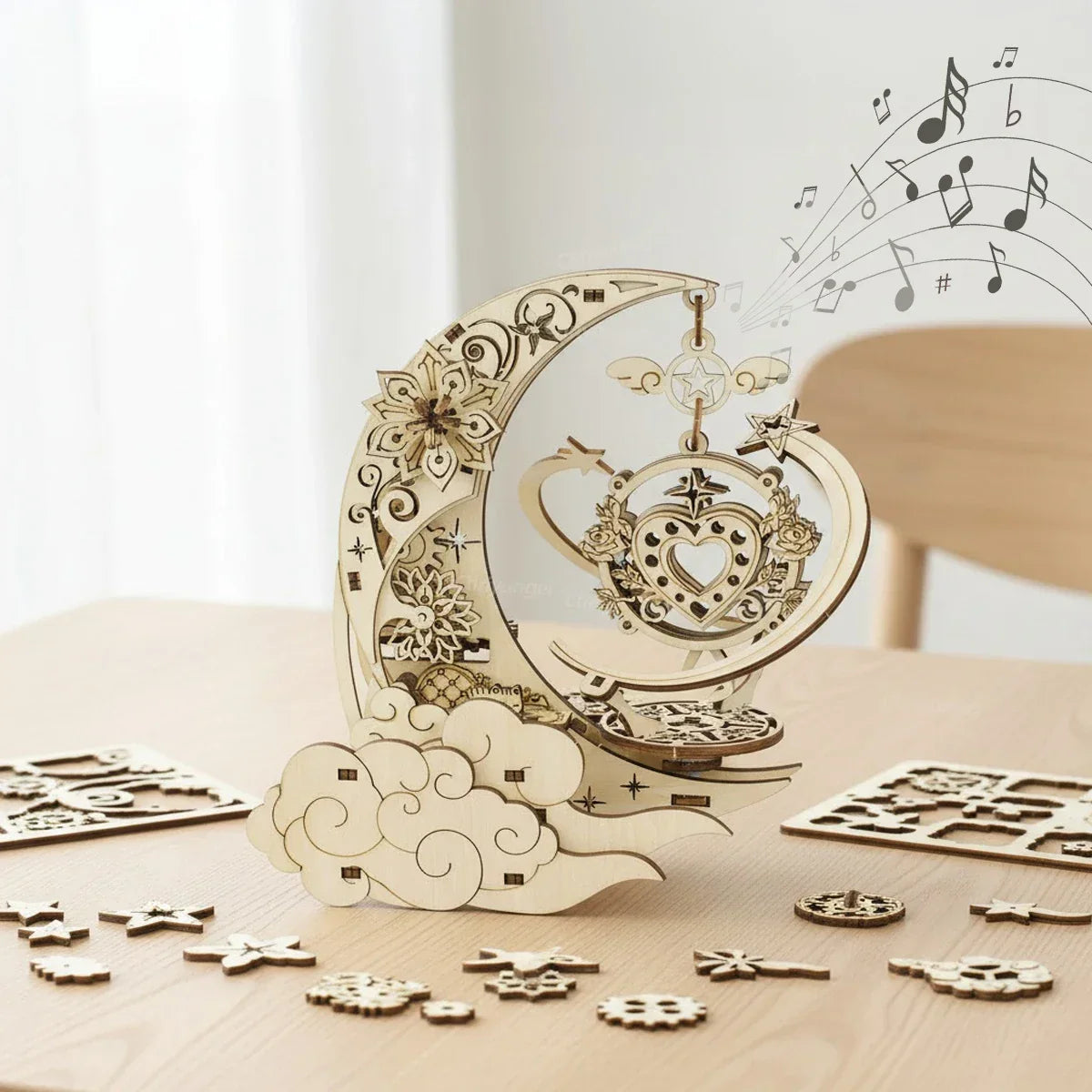 Delicate light-colored wooden puzzle moon with floral star patterns kits rotating craft decor educational toy