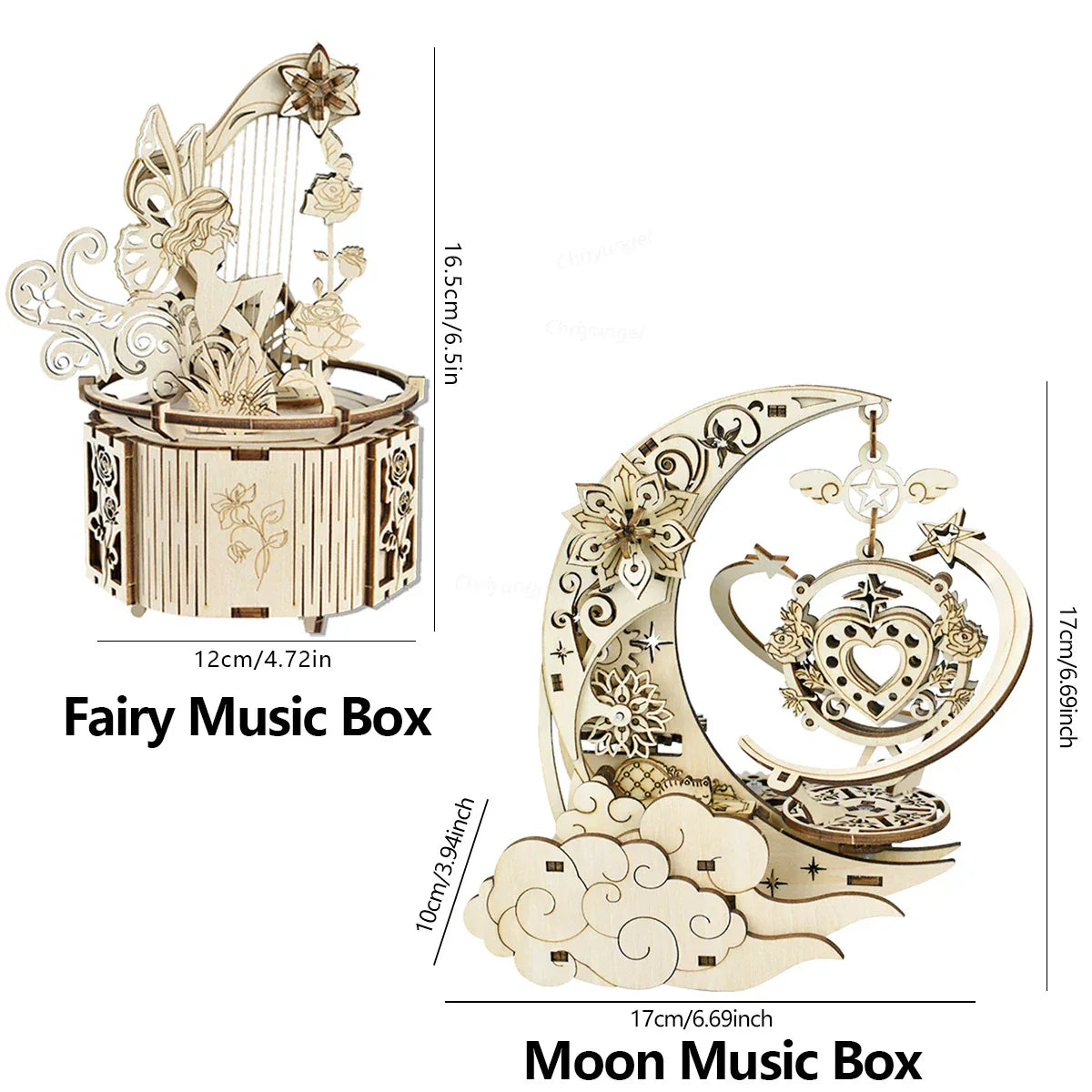 Elegant wooden puzzle moon and fairy music boxes with intricate laser-cut designs craft decor educational kits rotating craft