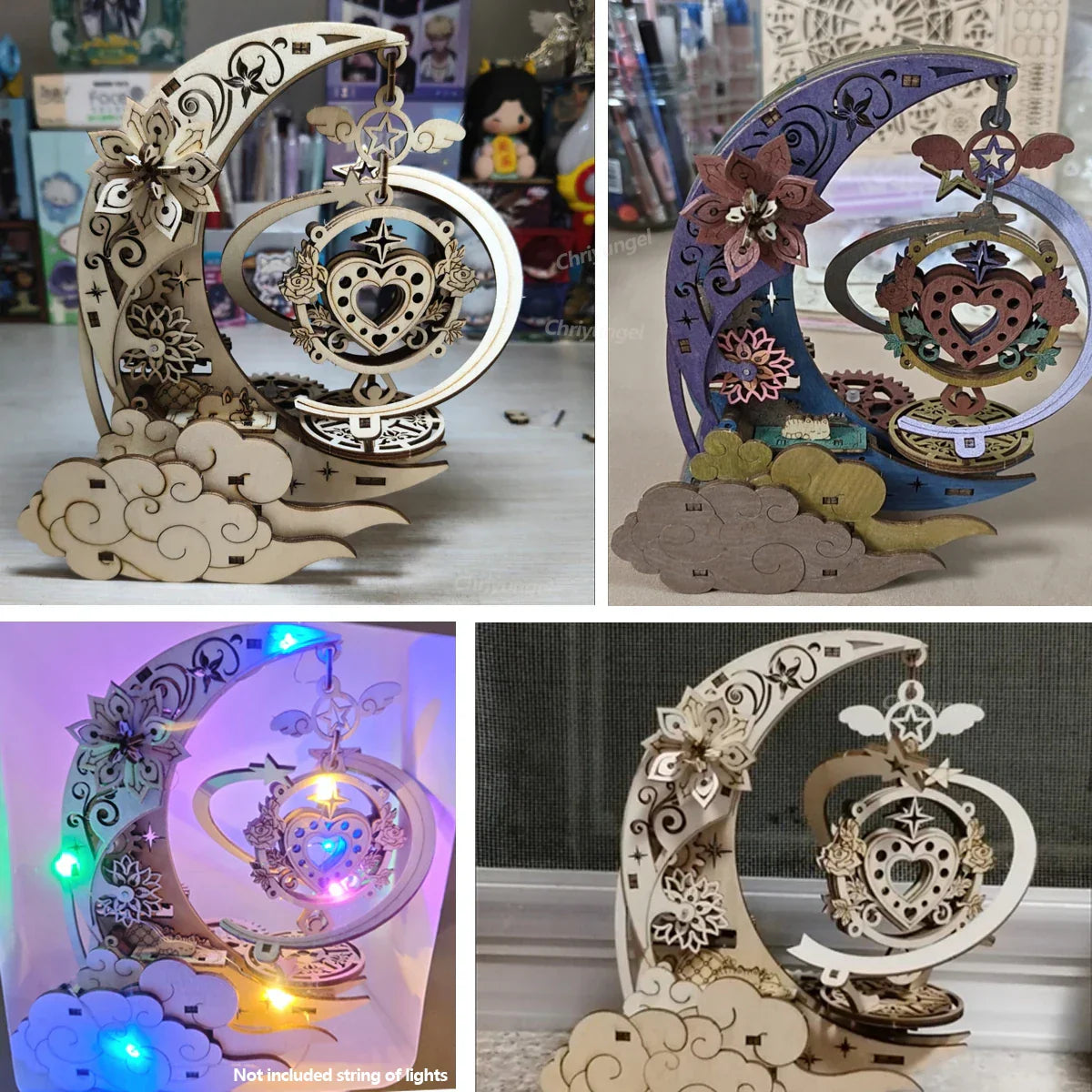 Intricately designed wooden puzzle moon with heart motif and gearwork details for kits rotating craft decor educational use