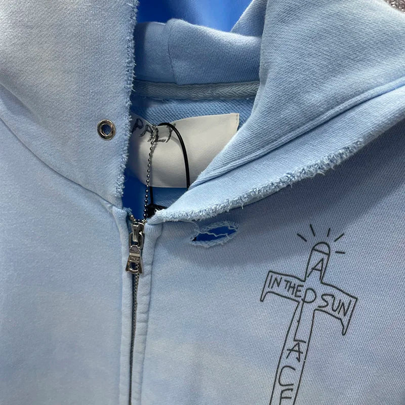 Washed Blue PALY Hoodies Men Woman Vintage Damaged Hole Old Casual High Quality Hip Hop Fashion Zipper Sweatshirts