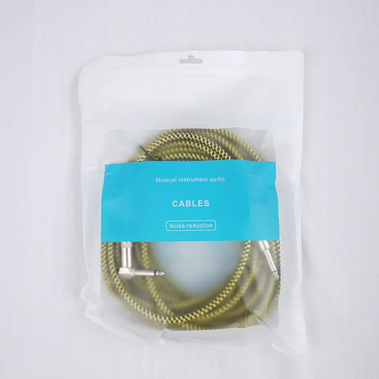 Coiled olive green durable nylon guitar cable with silver connectors in clear bag with blue label 10m premium nylon