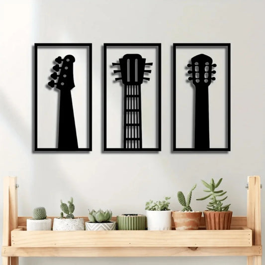 Black metal guitar headstock 3pc metal wall art band instrument sculpture for living room art music decor set