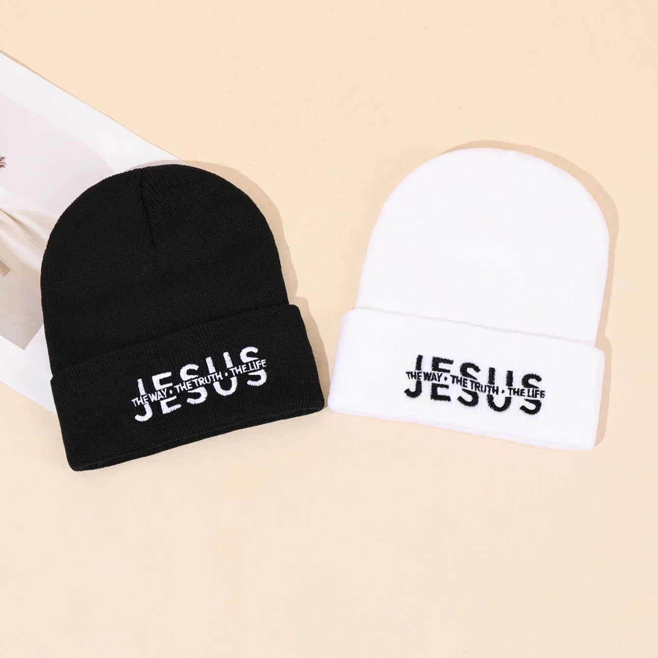 Black and white knit beanie hats embroidered with jesus text and the way the truth the life for autumn winter wear