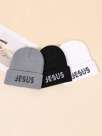 Three warm knitted beanie hats in gray black and white with jesus embroidered on cuff for autumn winter use