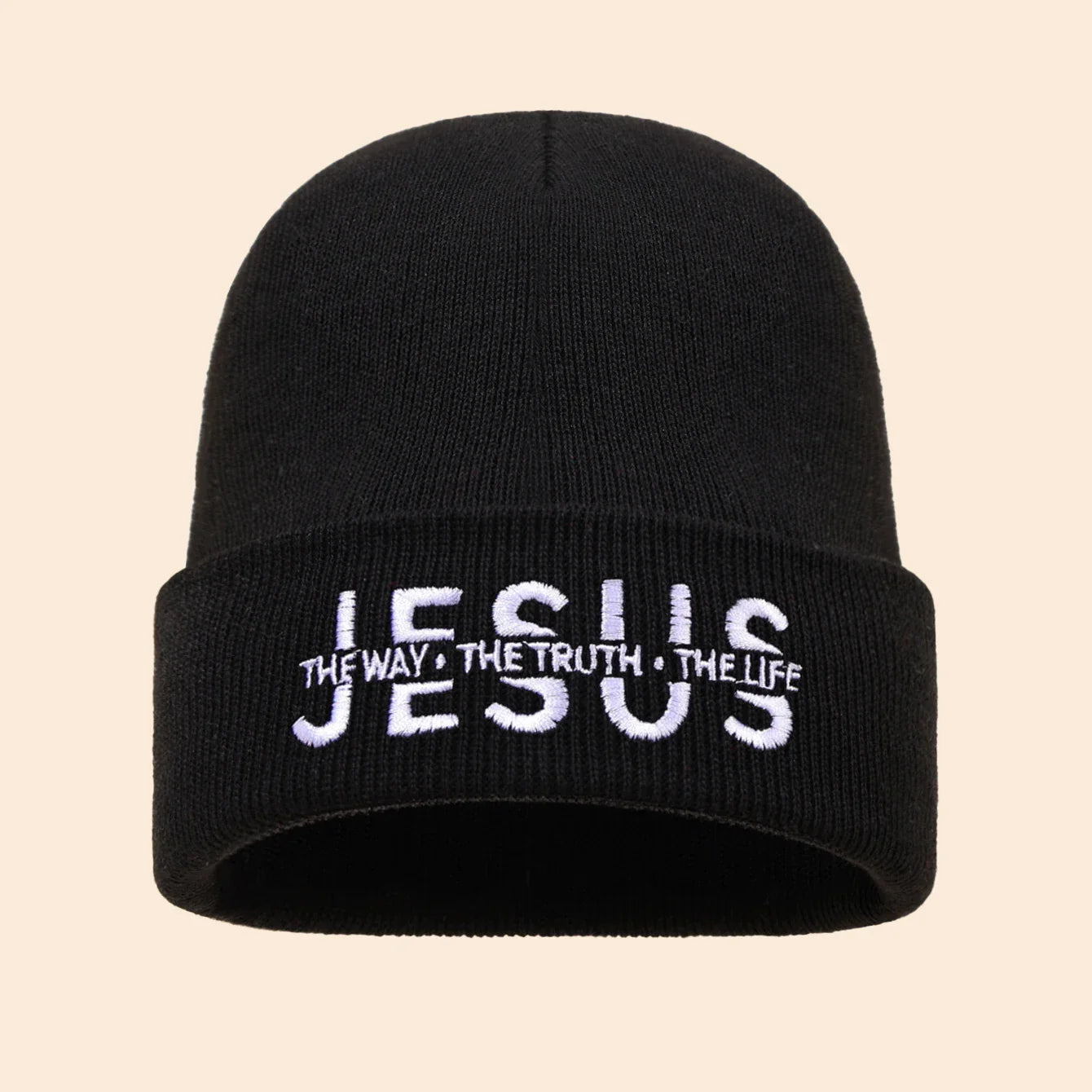 Black knit beanie with white embroidered jesus the way the truth the life text in warm autumn winter casual hat set