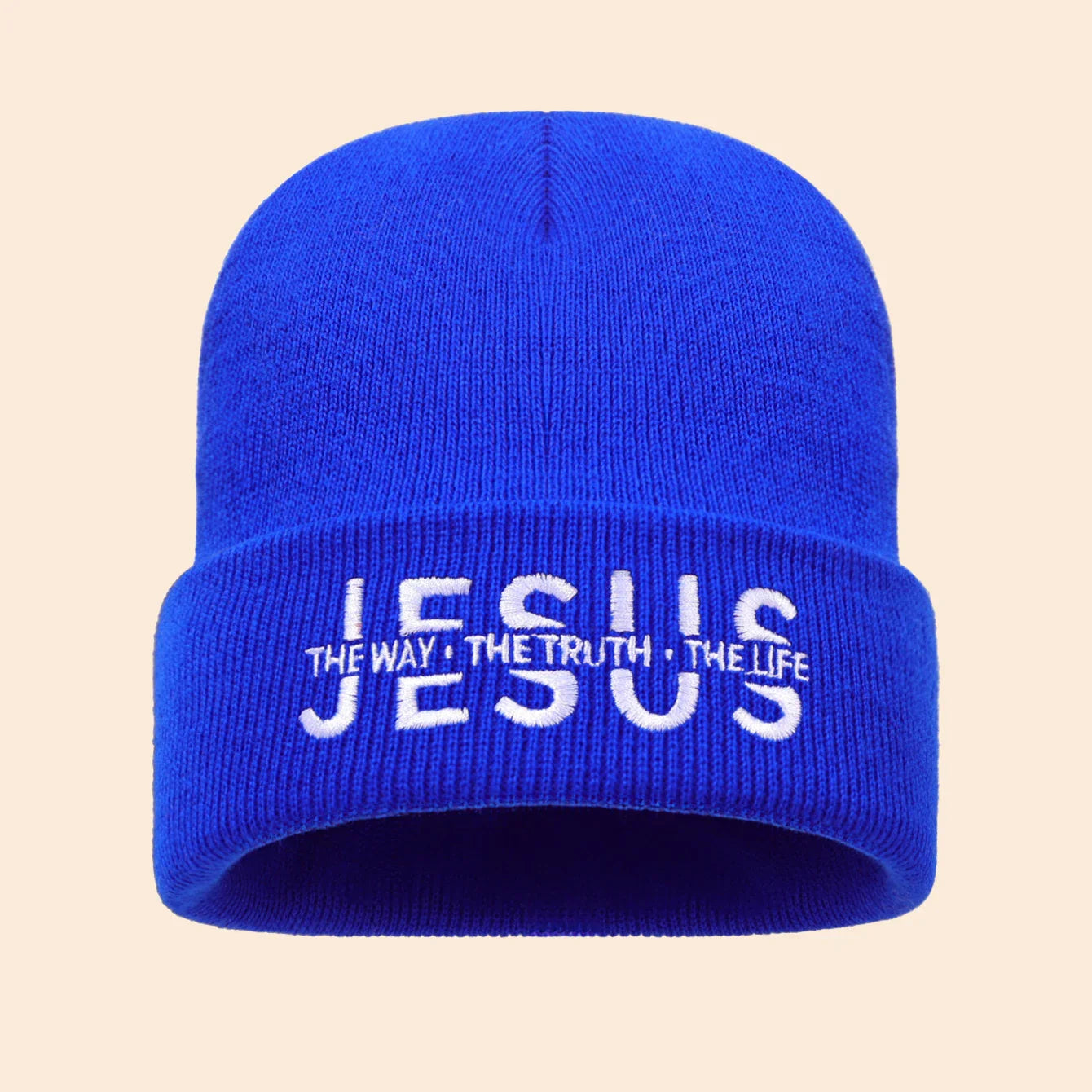 Vibrant royal blue knit beanie with white embroidered jesus the way the truth the life text for autumn winter wear