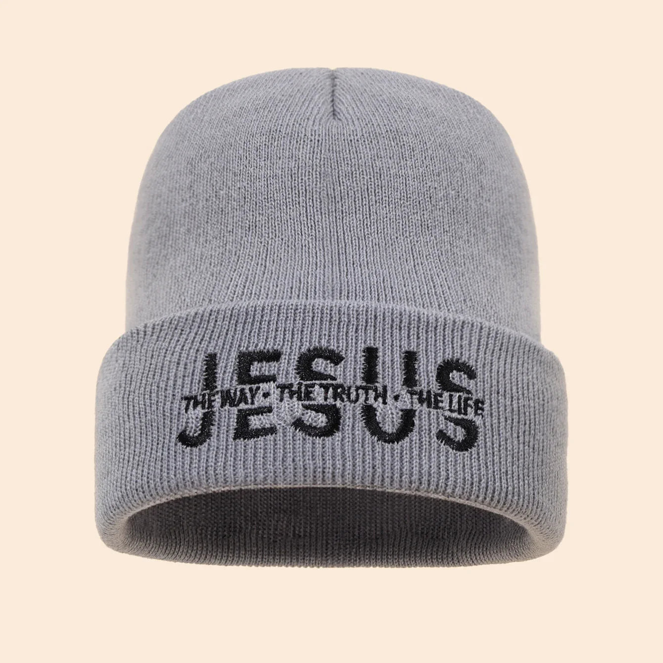 Gray knit beanie with black embroidered jesus the way the truth the life text warm autumn winter hat for men and women