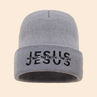 Gray knit beanie with black embroidered jesus the way the truth the life text warm autumn winter hat for men and women