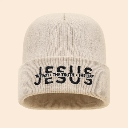 Beige knit beanie with black embroidered jesus the way the truth the life text on the folded cuff for autumn winter use