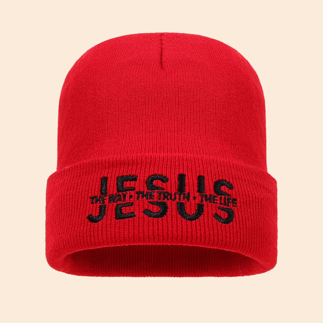 Red knitted beanie with black embroidered jesus the way the truth the life text in autumn winter warm hat set