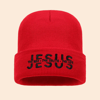 Red knitted beanie with black embroidered jesus the way the truth the life text in autumn winter warm hat set
