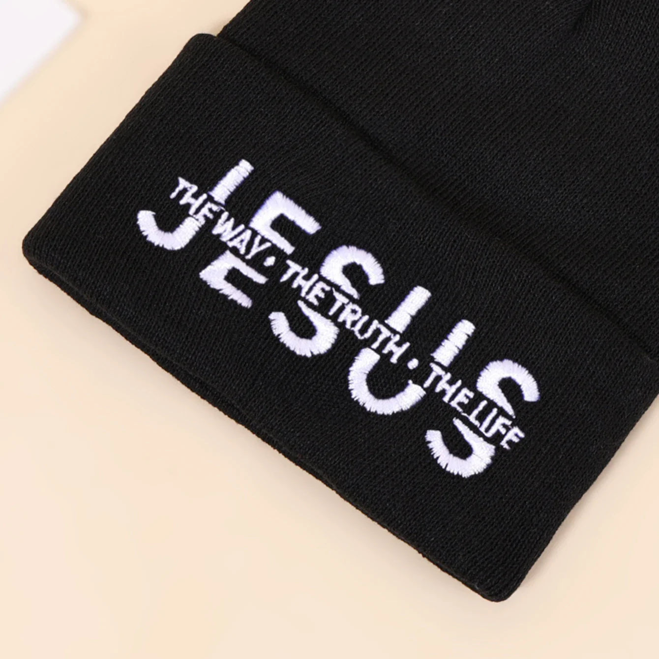 Black knitted beanie with white embroidered text jesus the way autumn winter warm hat for men and women