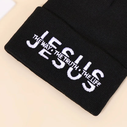 Black knitted beanie with white embroidered text jesus the way autumn winter warm hat for men and women