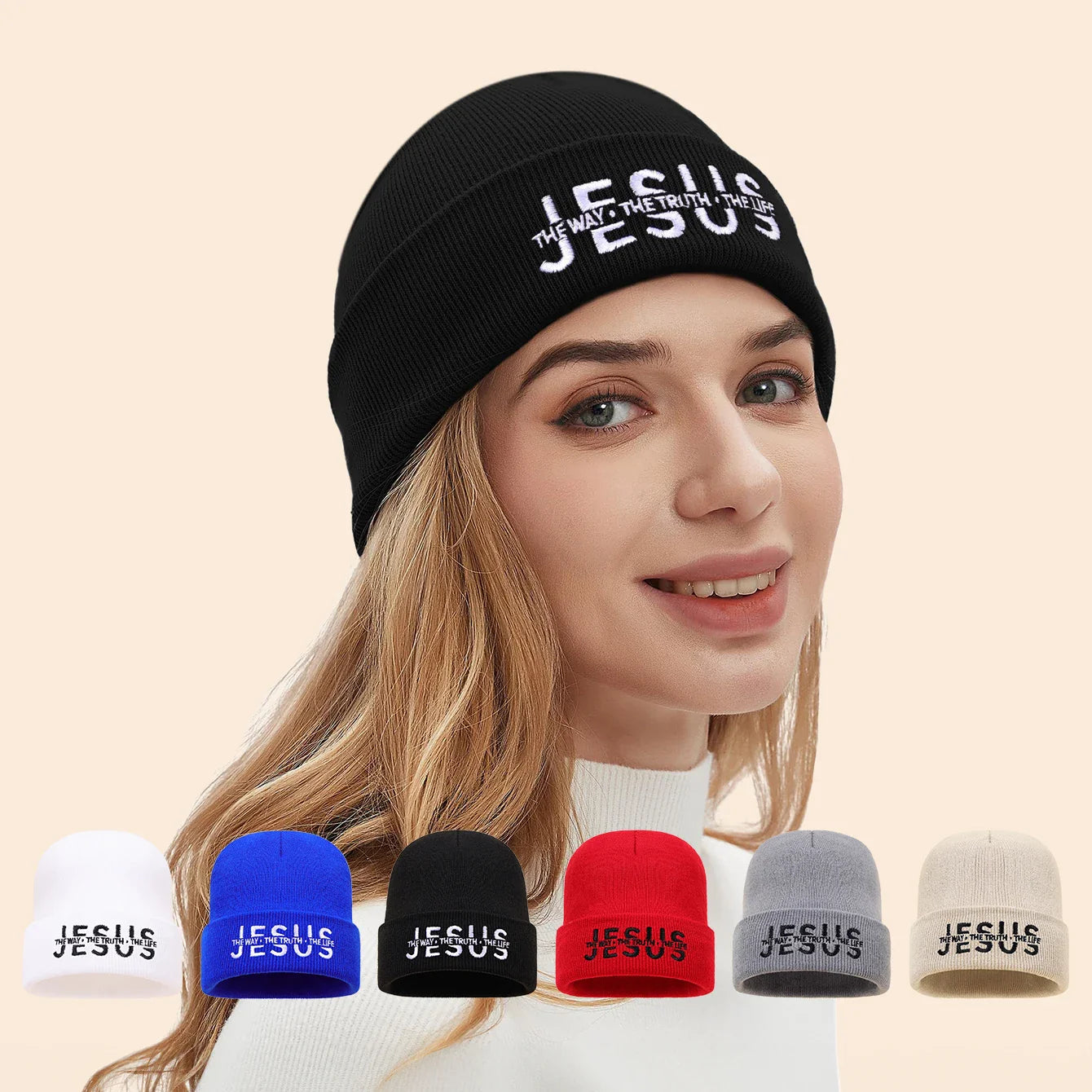 Black knit beanie with white embroidered jesus text and the way the truth the life phrase for autumn winter wear