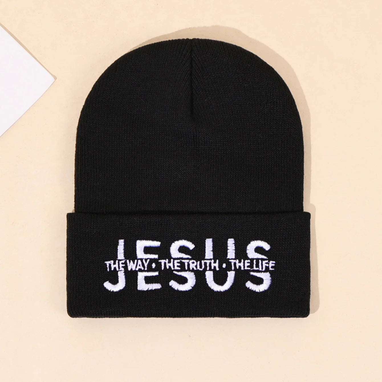 Black knit beanie with white embroidered jesus the way the truth the life text warm autumn winter hat for men and women