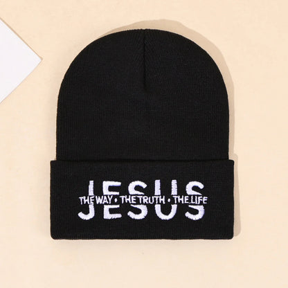 Black knit beanie with white embroidered jesus the way the truth the life text warm autumn winter hat for men and women