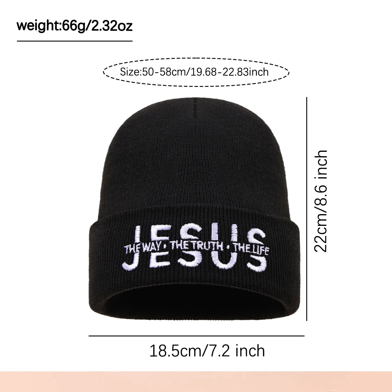 Black knit beanie with white embroidered text jesus the way the truth the life warm casual autumn winter hat for men and women