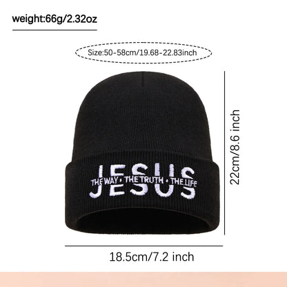 Black knit beanie with white embroidered text jesus the way the truth the life warm casual autumn winter hat for men and women