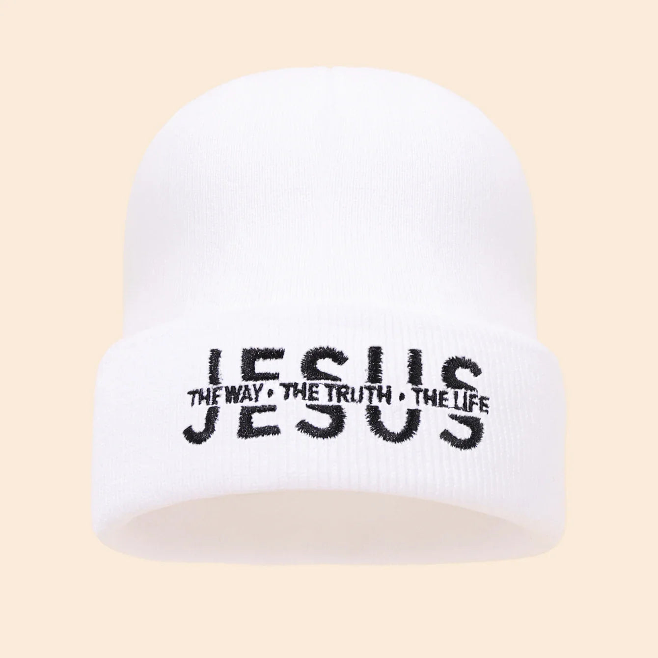 White knit beanie with black embroidered jesus the way the truth the life text, warm autumn winter hat for men and women